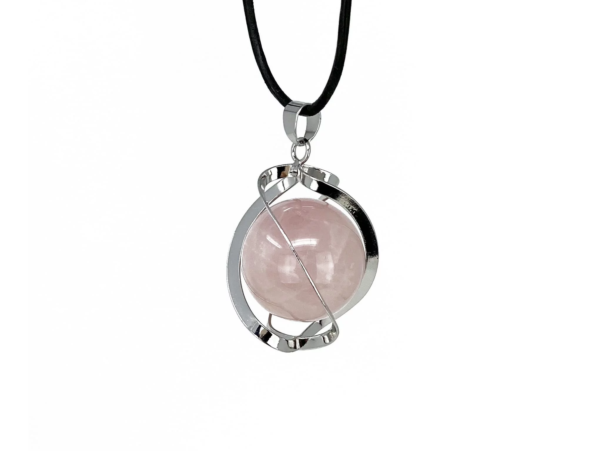 Rose quartz sphere pendant in front view with a shiny spiral cage and black necklace