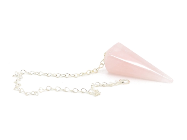 Rose quartz pendulum with extended chain and faceted tip on white background