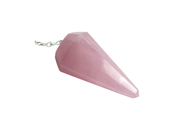 Rose quartz pendulum detail view with faceted pink stone and chain attachment