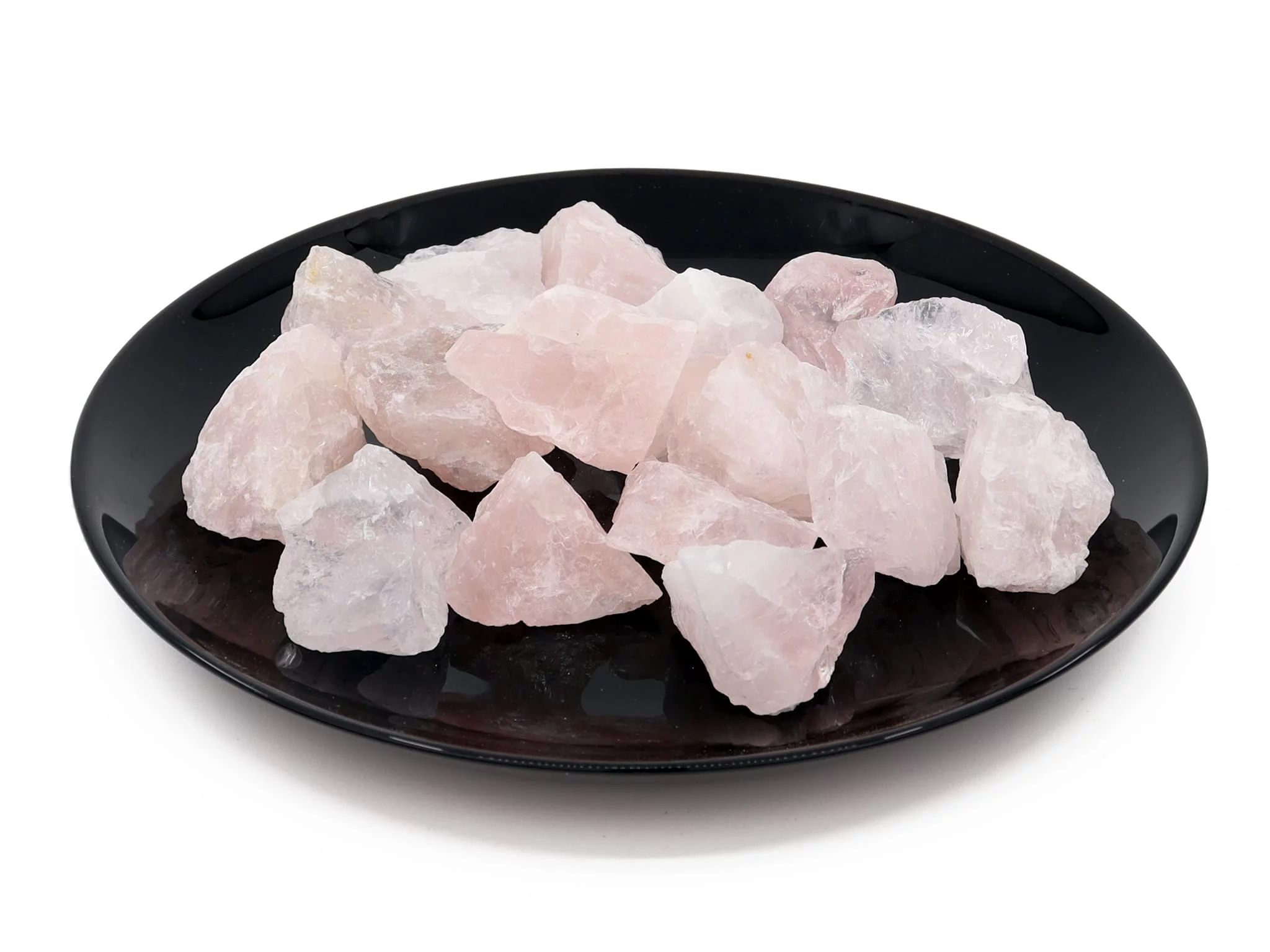 Rose Quartz Decorative Stones in various delicate pink shades on a shiny black bowl