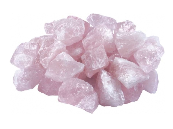 Rose Quartz Water Stones as a dense pile of rough-cut light pink gemstones