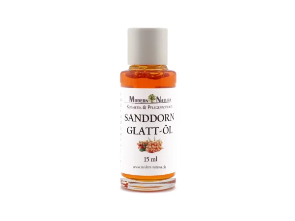 Olio levigante all'olivello spinoso in bottiglia di vetro trasparente arancione con tappo bianco su sfondo bianco