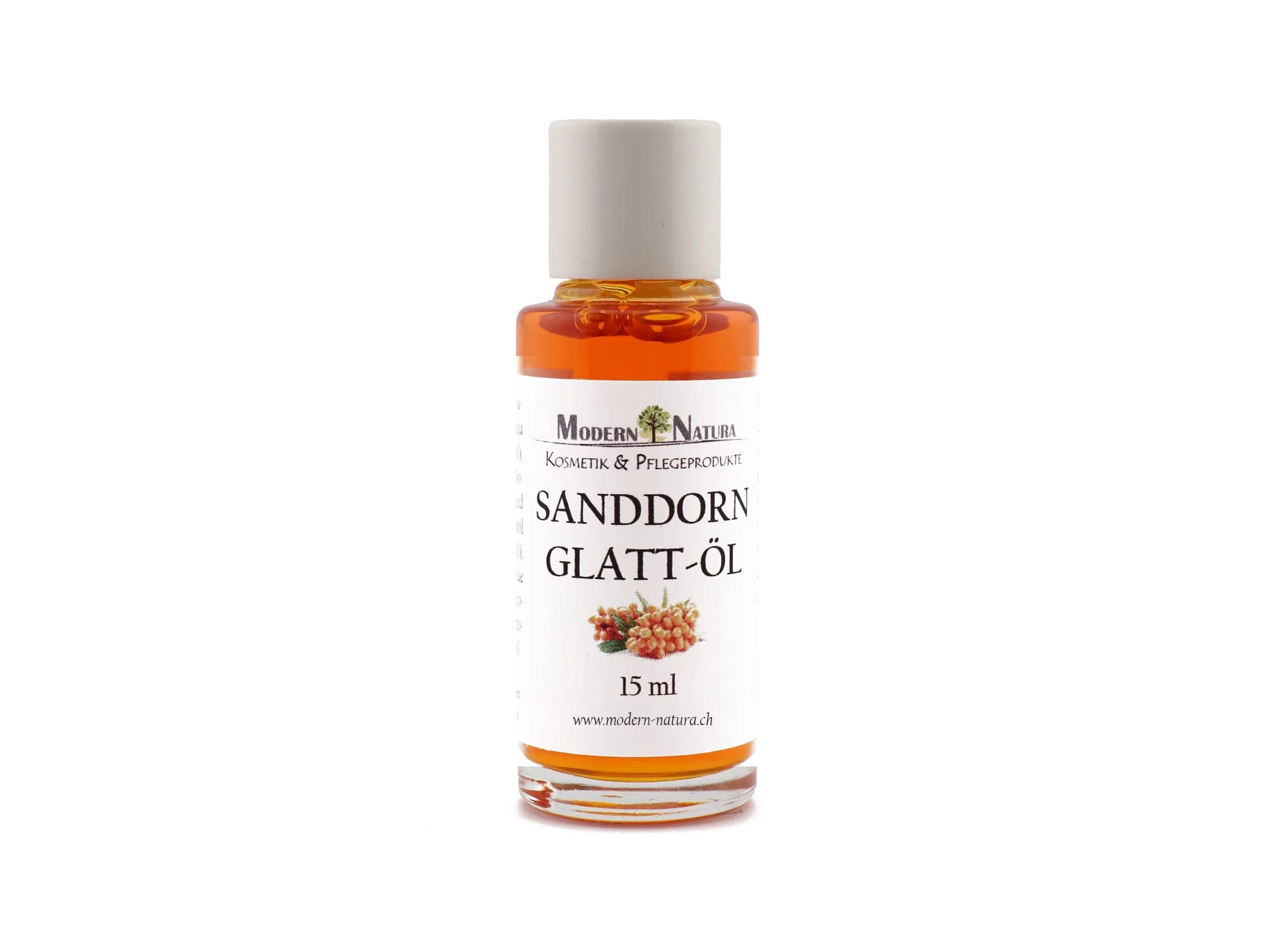 Olio levigante all'olivello spinoso in bottiglia di vetro trasparente arancione con tappo bianco su sfondo bianco