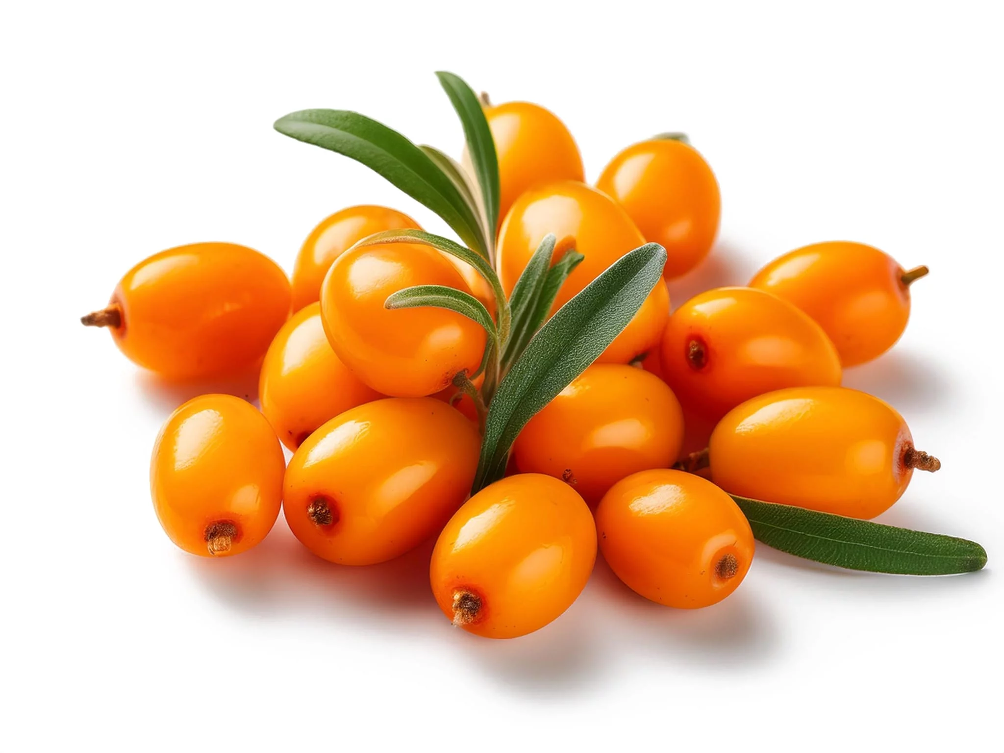 Sanddorn Hautpflege Creme mit orangefarbenen Sanddornbeeren und grünen Blättern auf weissem Hintergrund