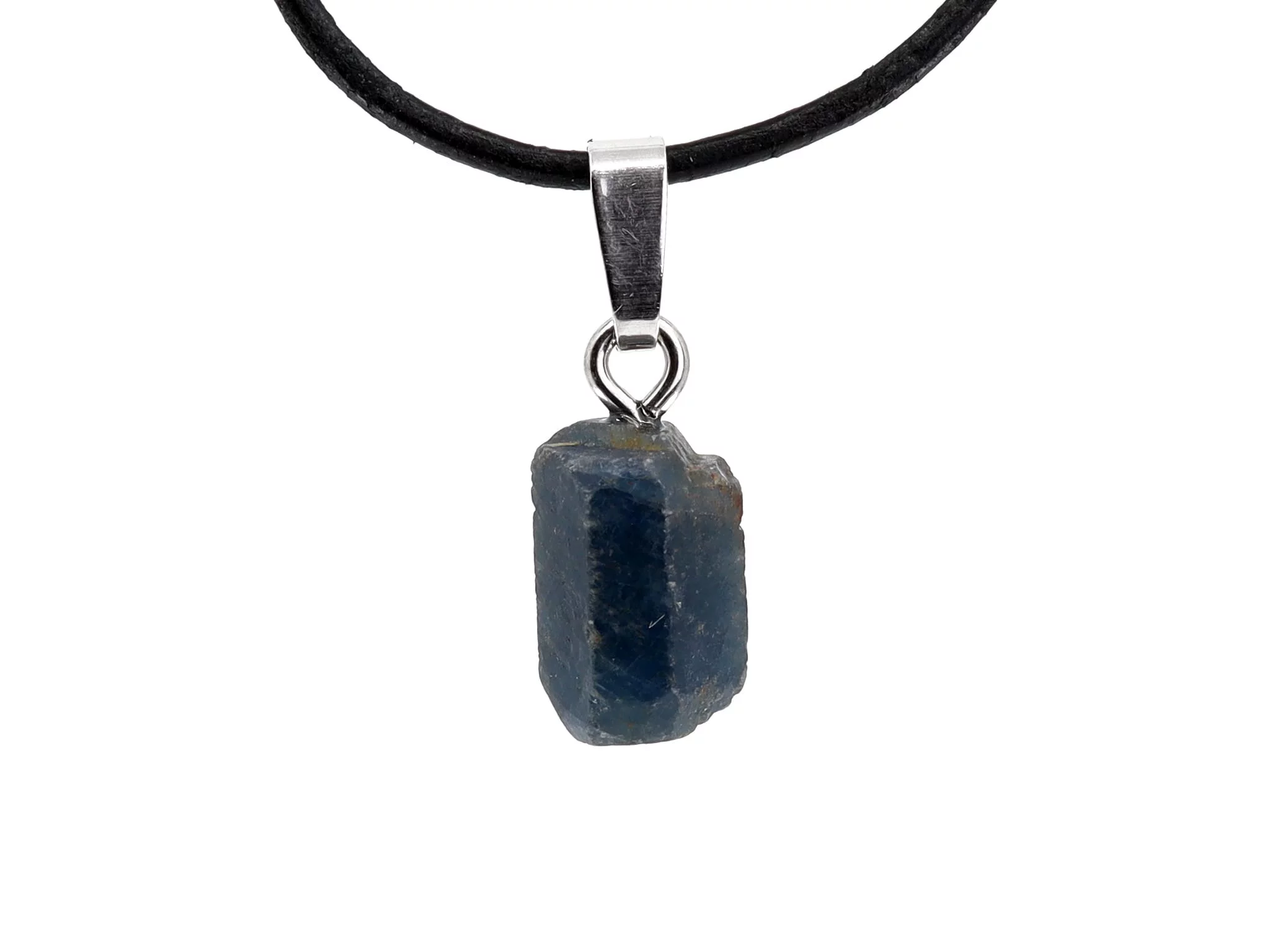 Sapphire natural crystal pendant with silver eyelet and black leather strap in front of a white background
