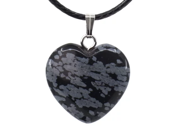 Snowflake obsidian heart pendant with black leather necklace and grey natural stone pattern