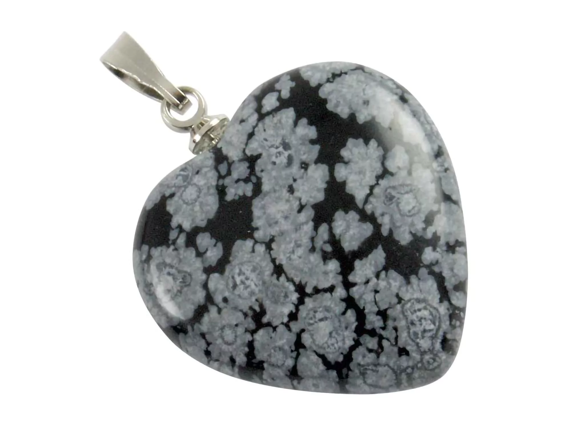 Snowflake obsidian heart pendant with large grey snowflake pattern in detail