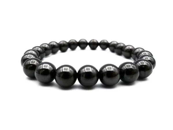 Shungite bracelet with glossy black 8 mm beads, front product view on a white background