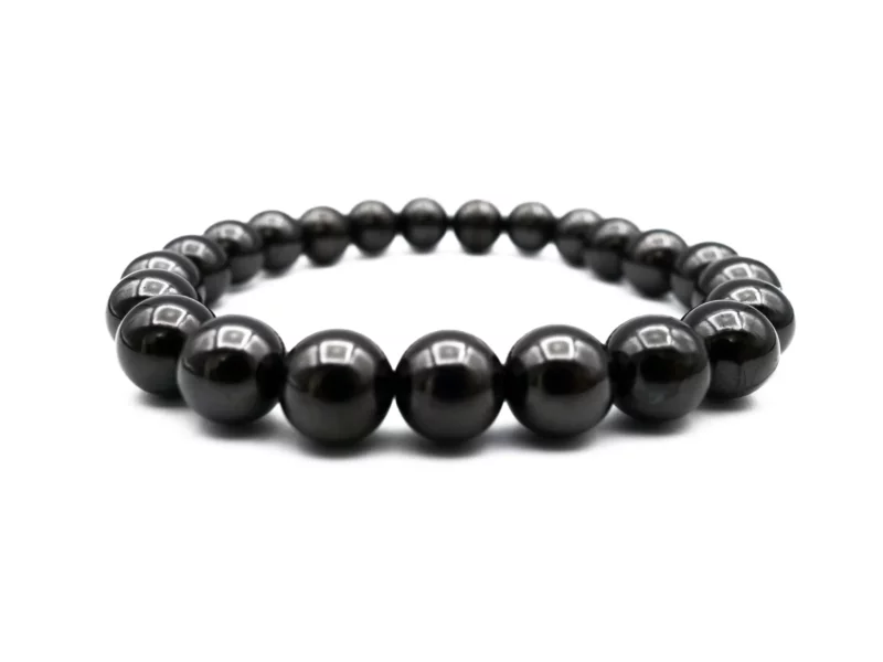 Shungite bracelet with glossy black 8 mm beads, front product view on a white background