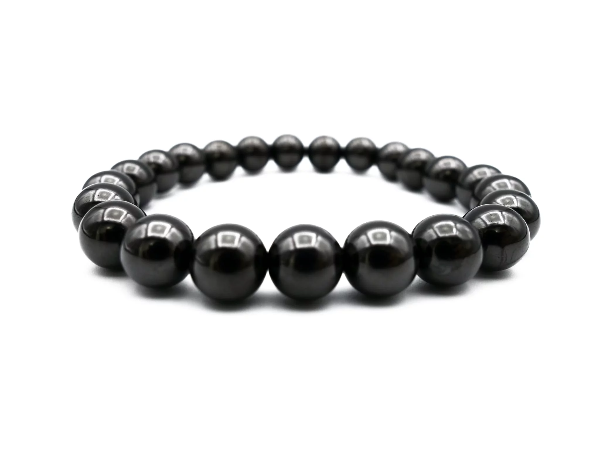 Shungite bracelet with glossy black 8 mm beads, front product view on a white background