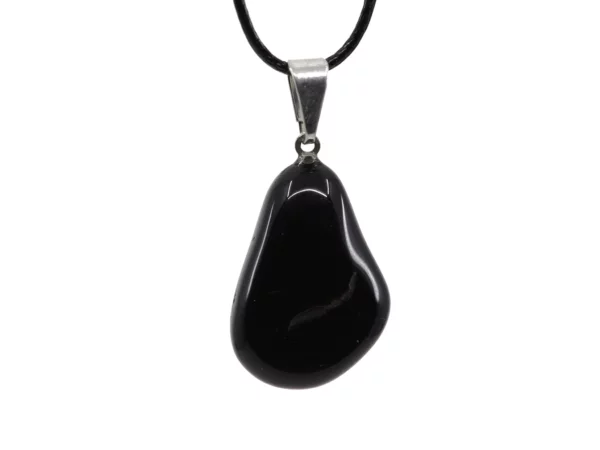 Schwarzer Obsidian Edelstein Anhänger mit glänzender Tropfenform und schwarzem Halsband