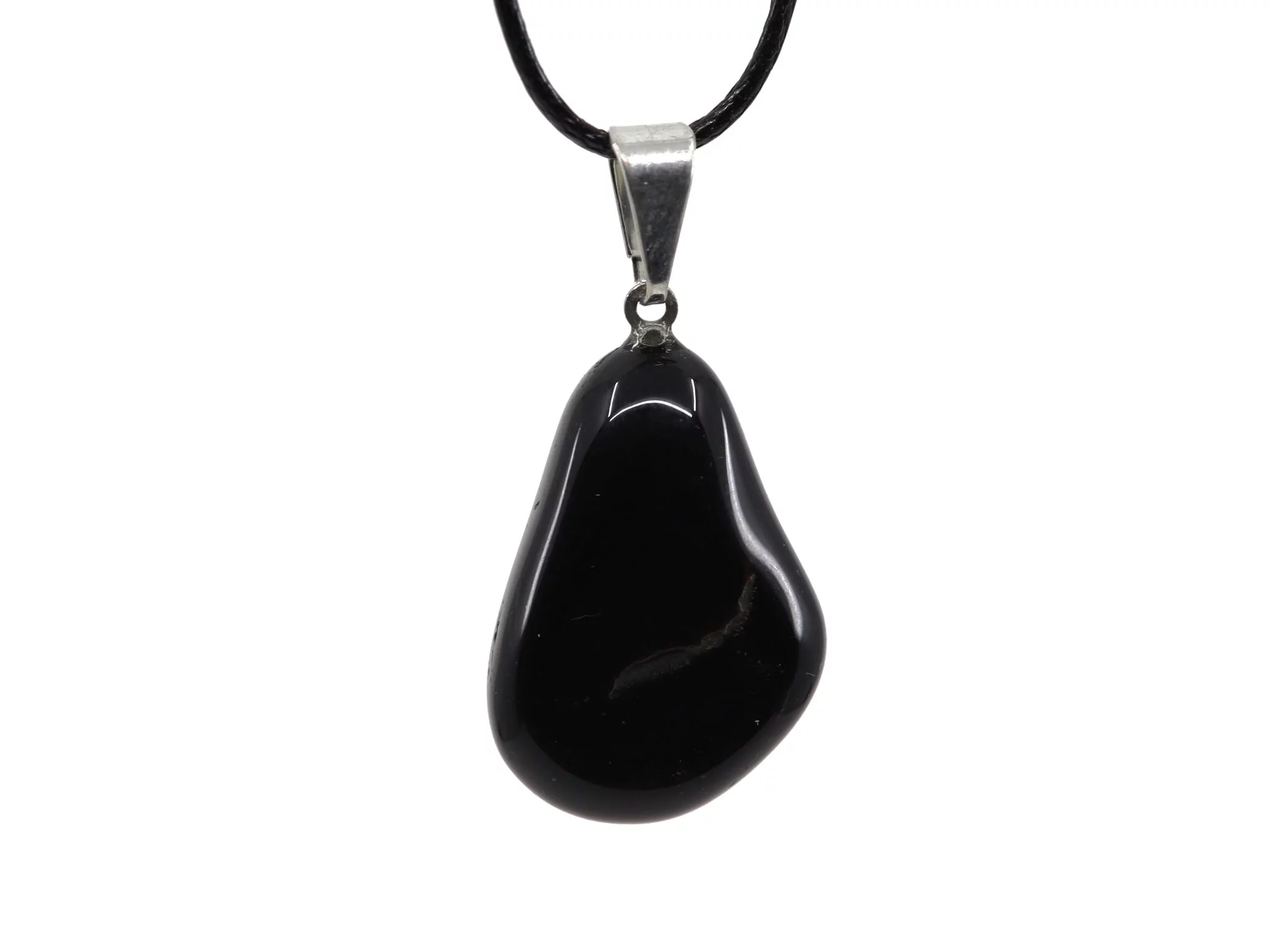 Schwarzer Obsidian Edelstein Anhänger mit glänzender Tropfenform und schwarzem Halsband