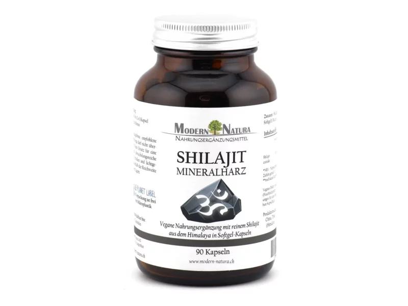 Capsule Softgel di Shilajit in barattolo marrone con tappo a vite argentato su sfondo bianco