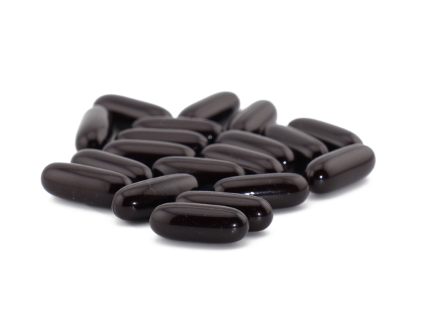 Shilajit softgel capsules as shiny dark capsules in a product view
