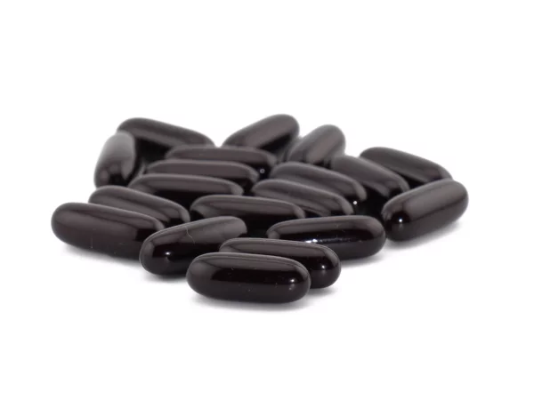 Shilajit Softgel Kapseln als glänzende dunkle Kapseln in einer Produktansicht