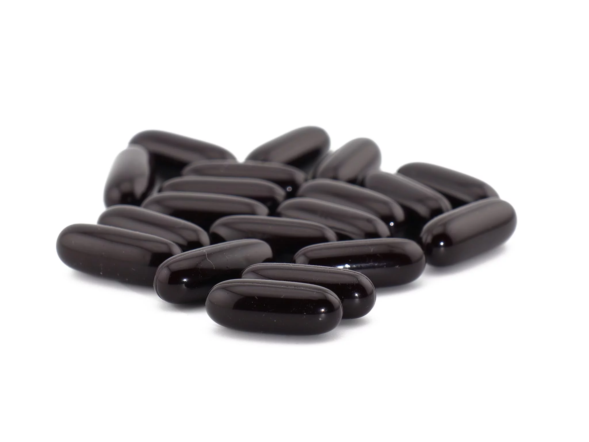 Shilajit softgel capsules as shiny dark capsules in a product view