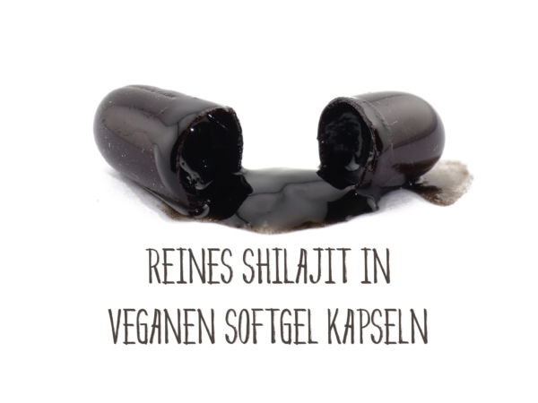 Shilajit softgel capsules with opened capsule shells and a reference to pure shilajit