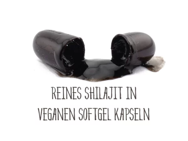 Shilajit Softgel Kapseln mit geöffneten Kapselhüllen und Hinweis auf reines Shilajit