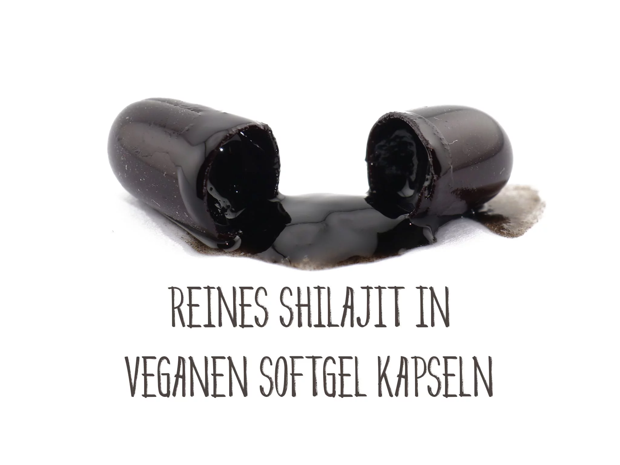 Shilajit softgel capsules with opened capsule shells and a reference to pure shilajit