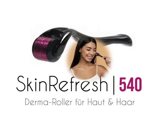 SkinRefresh 540 Derma-Roller mit Detailansicht der Anwendung auf der Wange und pinkfarbener Nadelwalze