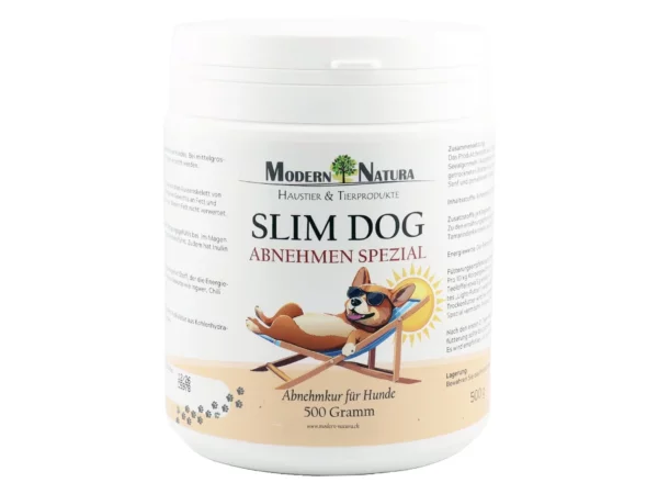 Slim Dog Dimagrimento Speciale in barattolo di plastica bianco con etichetta e illustrazione di un cane su sfondo bianco