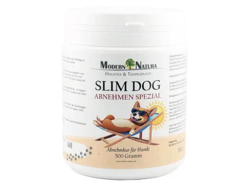 Slim Dog Weight Loss Special in white plastic container with label and dog illustration on white background