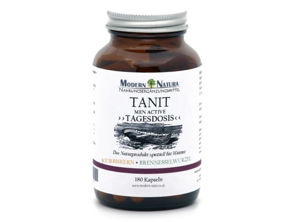 Tanit Men Active capsules in brown glass jar with white label front view