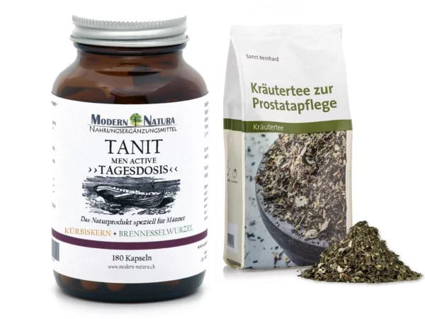 Set Tanit Men Active con barattolo in vetro ambrato, sacchetto di tisana alle erbe e tè sfuso su sfondo bianco