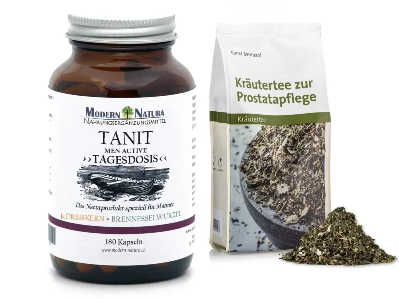 Tanit Men Active Set mit Braunglasdose, Kräutertee-Beutel und losem Tee auf weissem Hintergrund