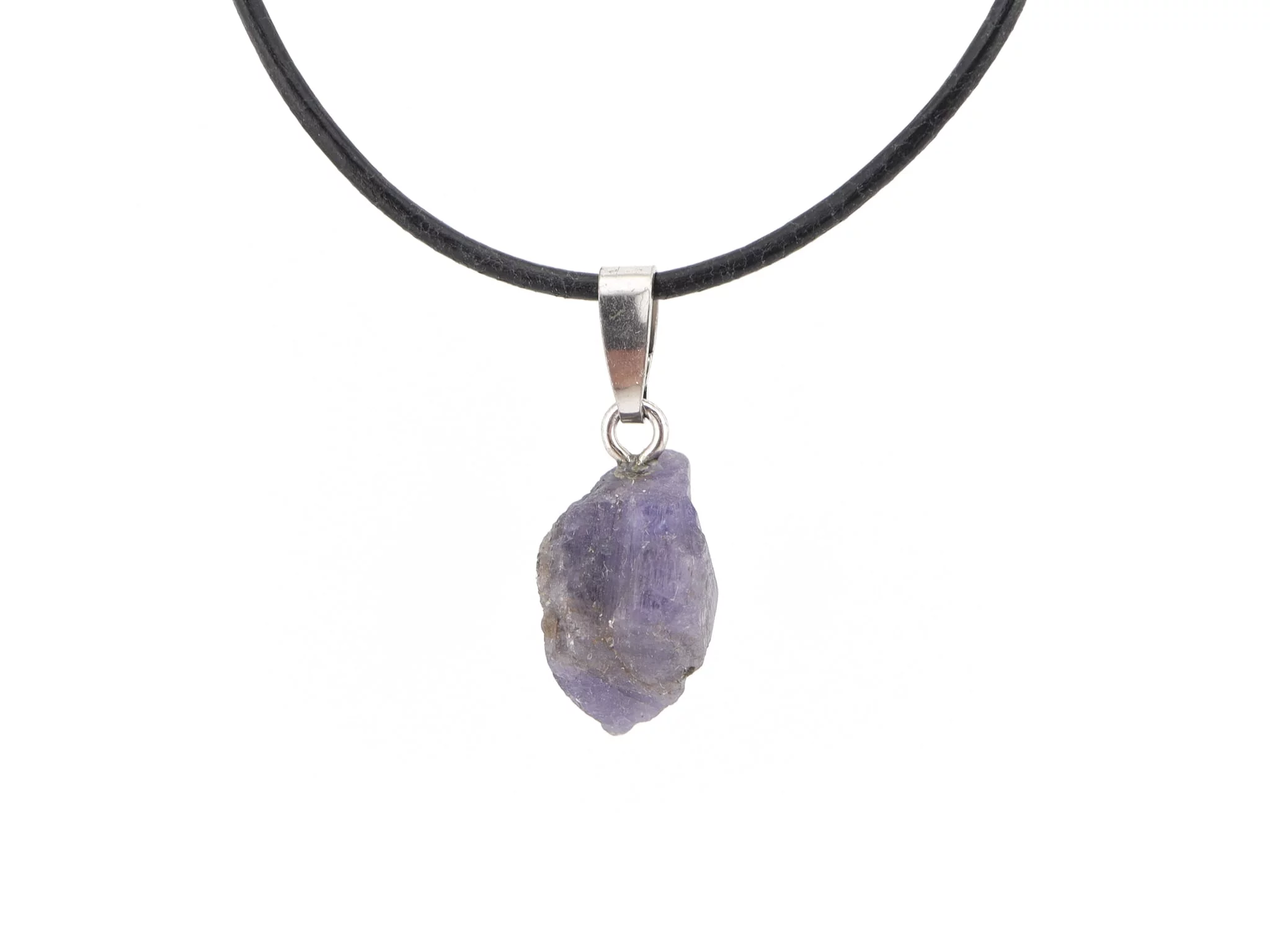 Tansanit Rohstein Anhänger mit heller violetter Kristallfläche an schwarzer Halskette