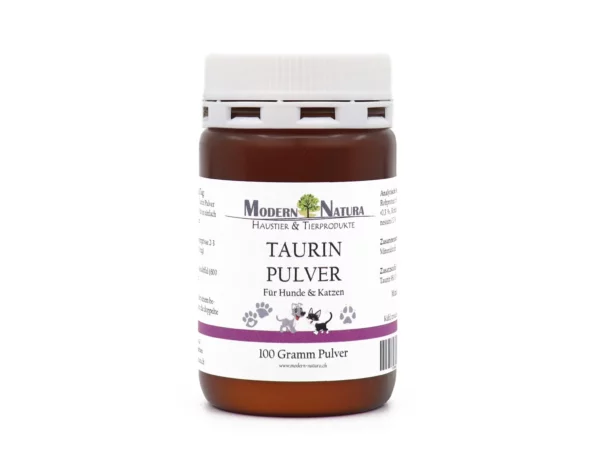 Poudre de taurine pour chiens et chats dans une boîte en plastique brune avec couvercle à vis blanc, sur fond blanc