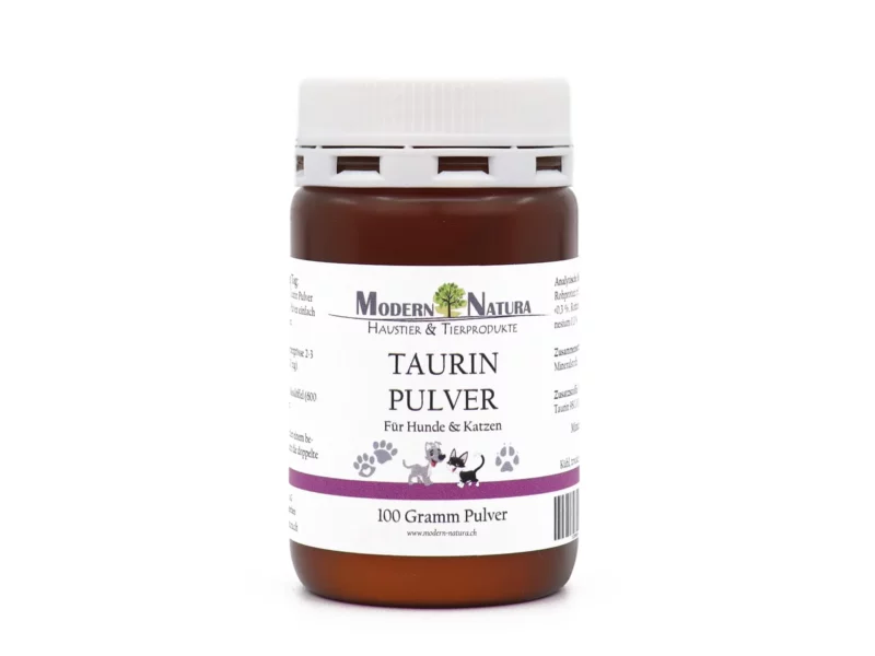Taurine Powder for dogs and cats in a brown plastic container with a white screw cap against a white background