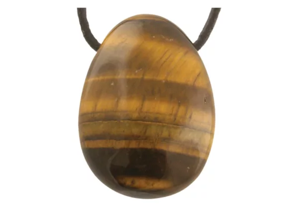 Tiger's eye gemstone pendant with black cord and golden-brown, striped surface