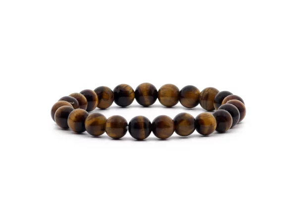 Tigerauge Edelsteinarmband mit glänzenden braun-goldenen Kugeln in Frontansicht auf weissem Hintergrund