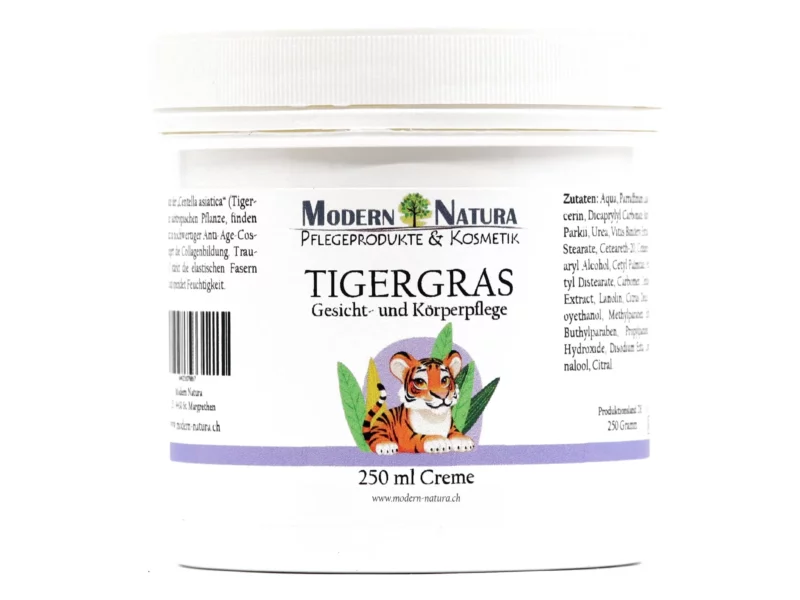 Crema per la cura della pelle all'erba della tigre in vasetto a vite bianco con etichetta e motivo a tigre su sfondo bianco