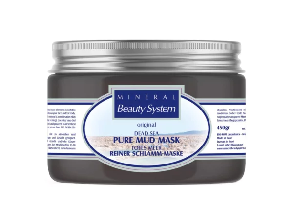 Dead Sea mud mask in a dark plastic jar with a silver-colored screw cap
