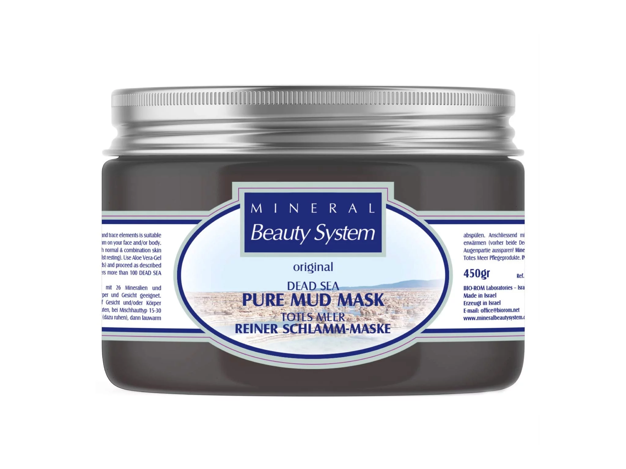 Dead Sea mud mask in a dark plastic jar with a silver-colored screw cap