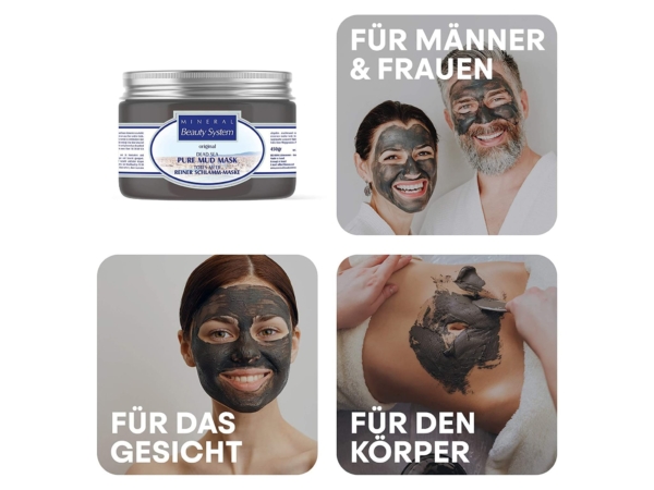 Dead Sea mud mask for face and body with illustrated application examples