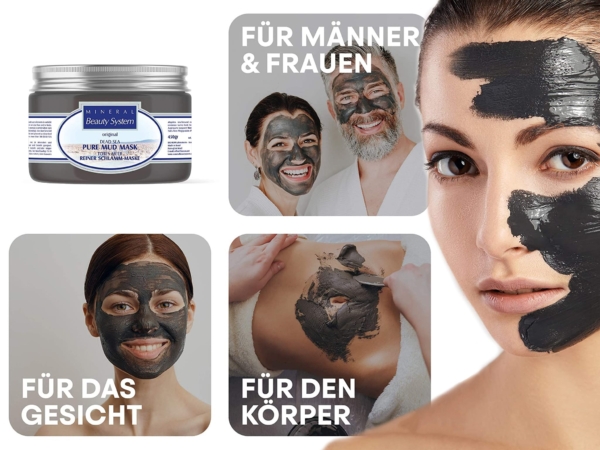 Dead Sea mud mask with jar as well as face and body application in an overview