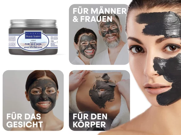 Totes Meer Schlammmaske mit Dose sowie Gesichts- und Körperanwendung in einer Übersicht