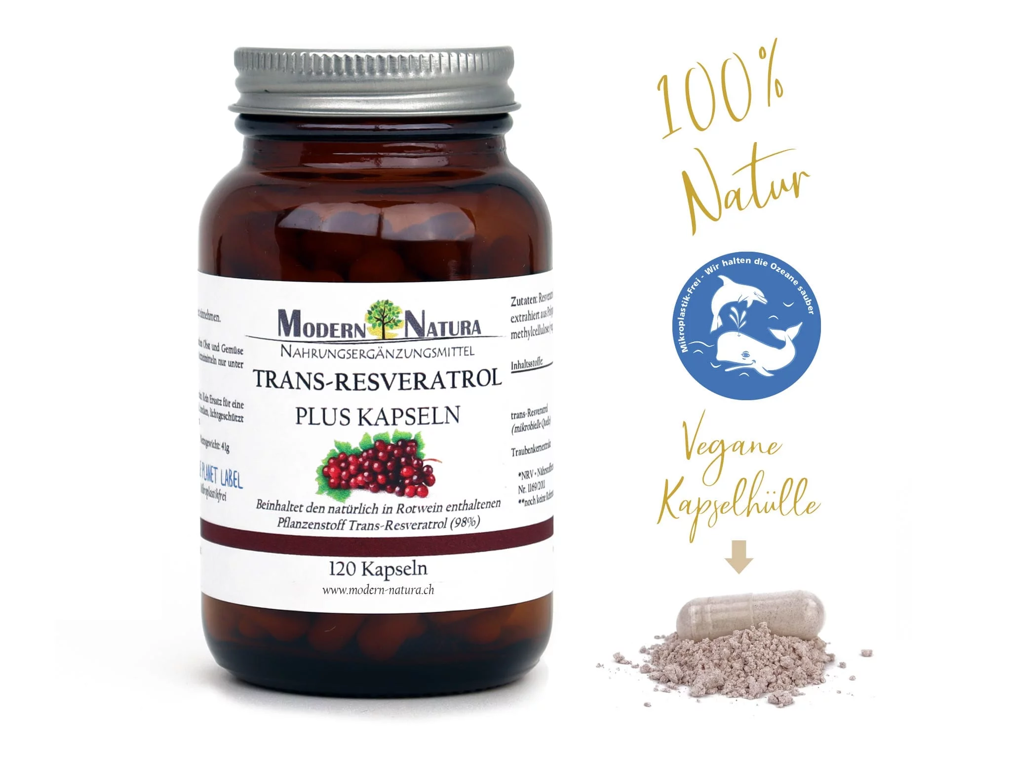 trans-Resveratrol PLUS capsules in glass as main product packaging view