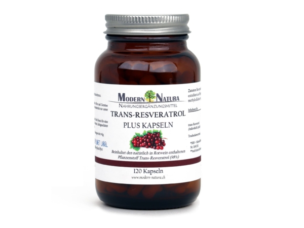 Gélules trans-resvératrol PLUS avec vue détaillée du bocal en verre