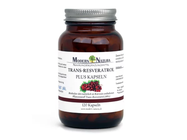 trans-Resveratrol PLUS Kapseln mit Detailansicht der Glasverpackung