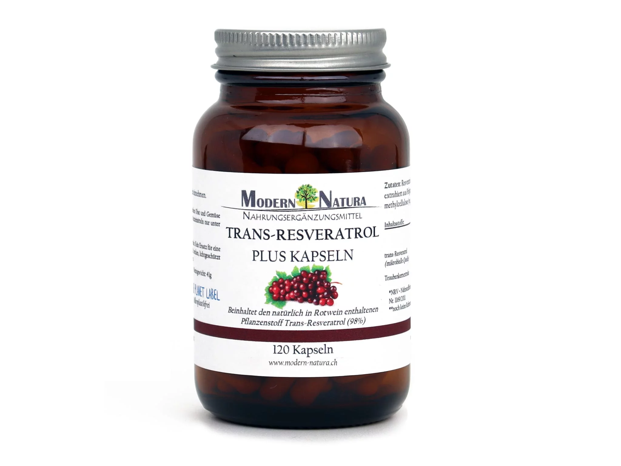trans-Resveratrol PLUS capsules with detailed view of the glass packaging