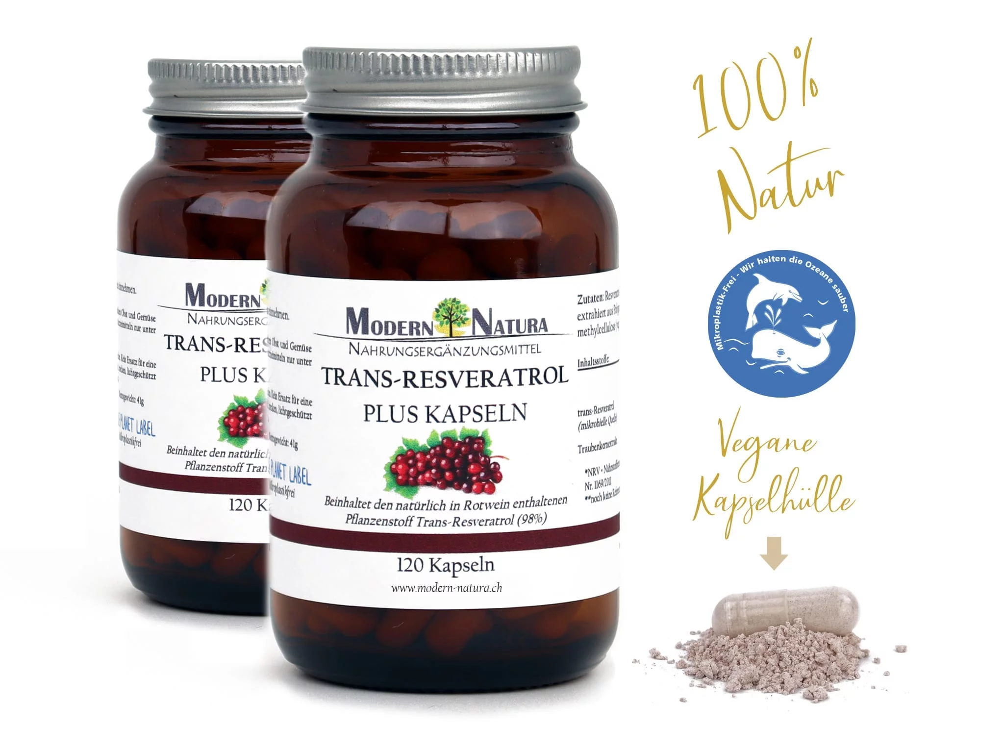 trans-Resveratrol PLUS Kapseln Doppelpack als Hauptansicht mit zwei Gläsern und Kapseln