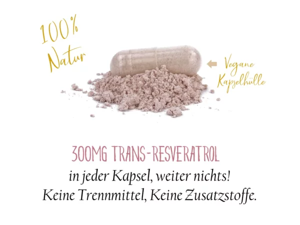 trans-Resveratrol PLUS Kapseln im Glas mit Darstellung der pflanzlichen Rezeptur