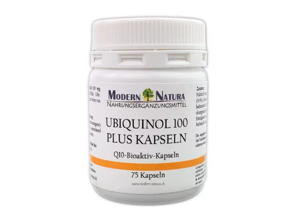 Capsules d’Ubiquinol 100 mg dans la vue complète du produit de la boîte de 75 capsules