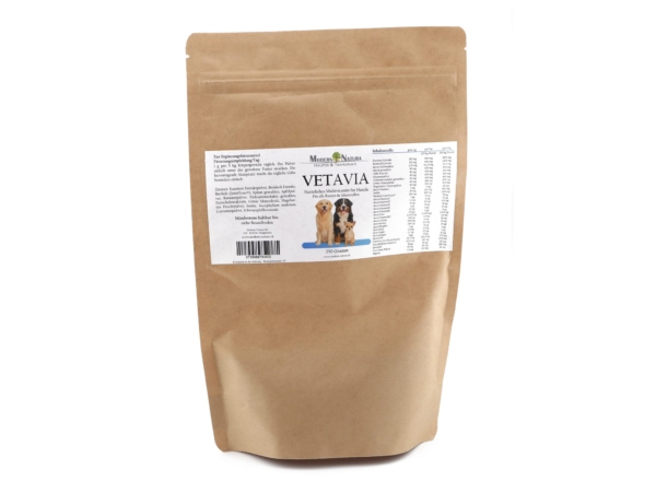 Vetavia Multivitamine en poudre pour chiens dans une vue produit avec emballage
