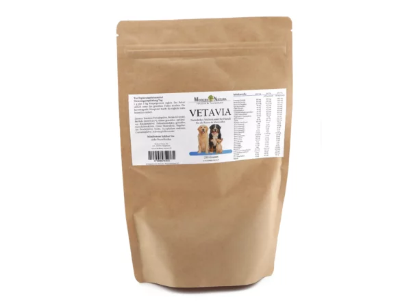 Vetavia Multivitaminpulver für Hunde in einer Produktansicht mit Verpackung