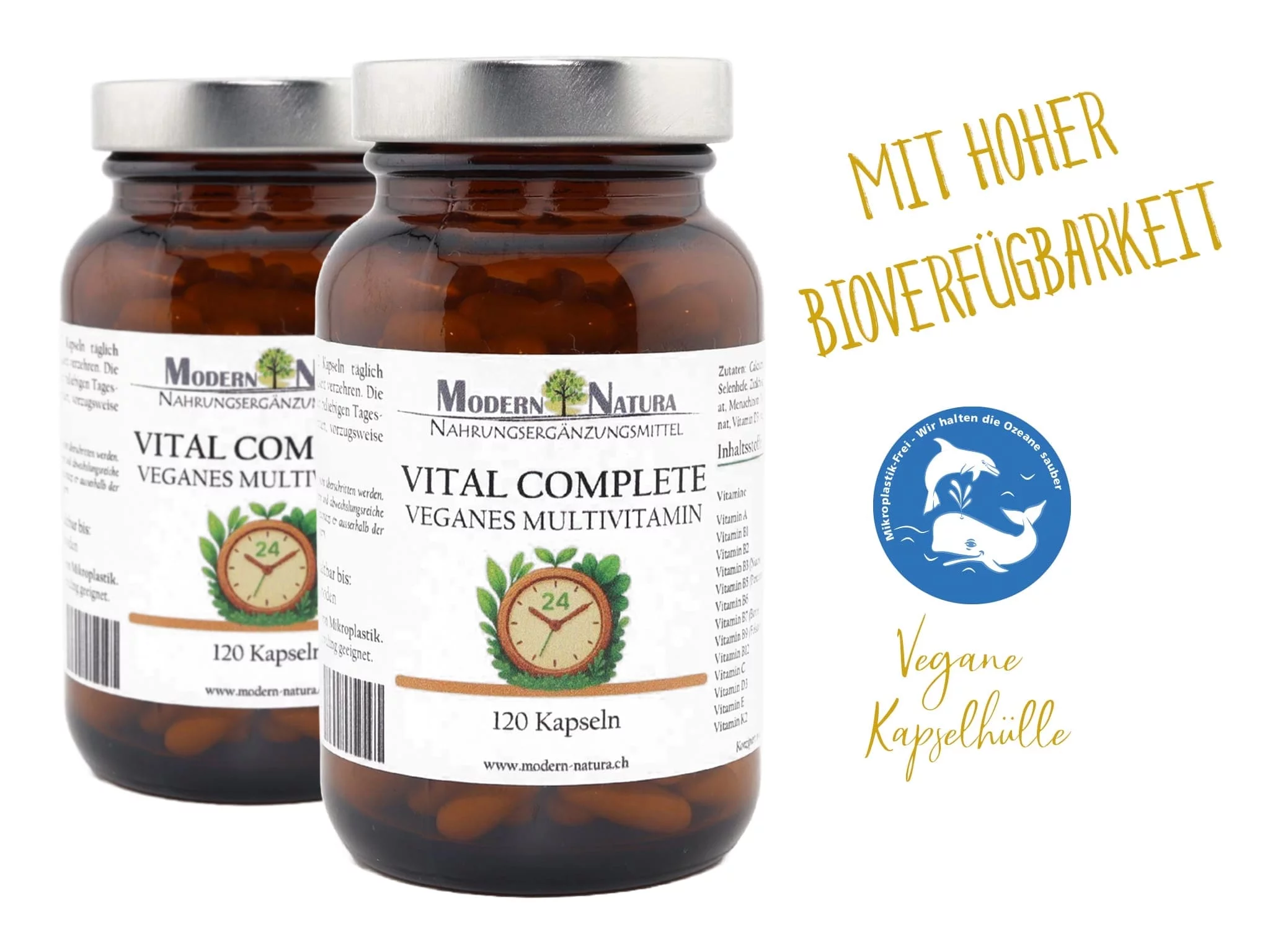 Vital Complete 24 Double Pack with vegan multivitamin capsules in glass jar, main view not included